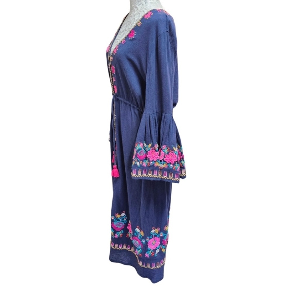 FIGUE Blue Cotton V-Neck Bell Sleeve Button Up Midi Dress Bohemian Princess L - Picture 3 of 11